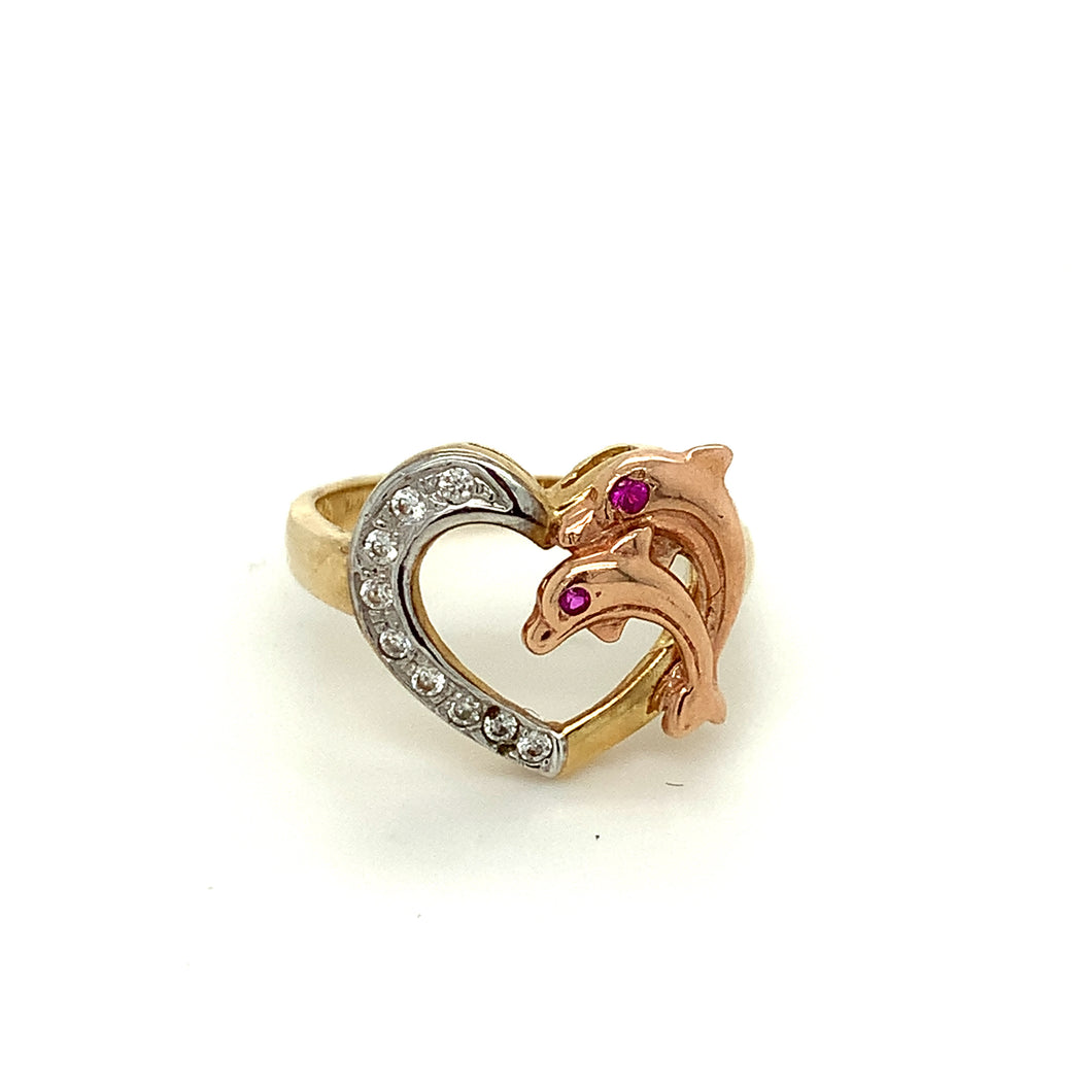14K Gold Heart and Dolphins Cz Ring