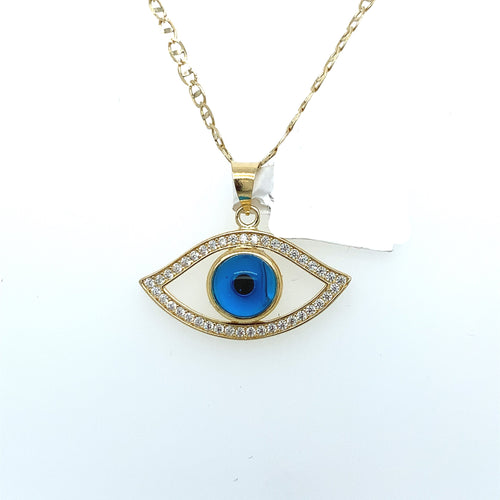 14K Gold Blue Evil Eye Cz Pendant