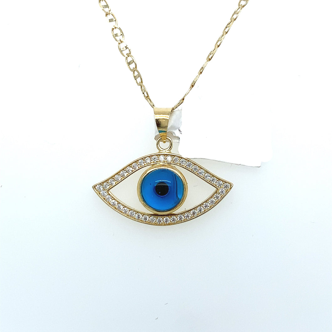 14K Gold Blue Evil Eye Cz Pendant