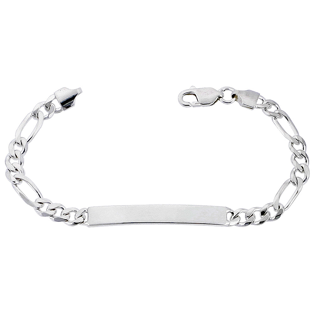 Sterling Silver ID Bracelet Figaro Link 1/4 inch wide Nickel Free Italy