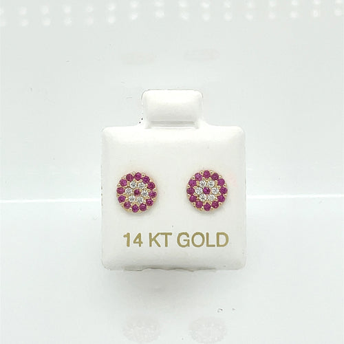 14k Flower Pink and Clear Cz Earrings Studs