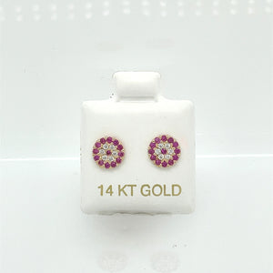 14k Flower Pink and Clear Cz Earrings Studs