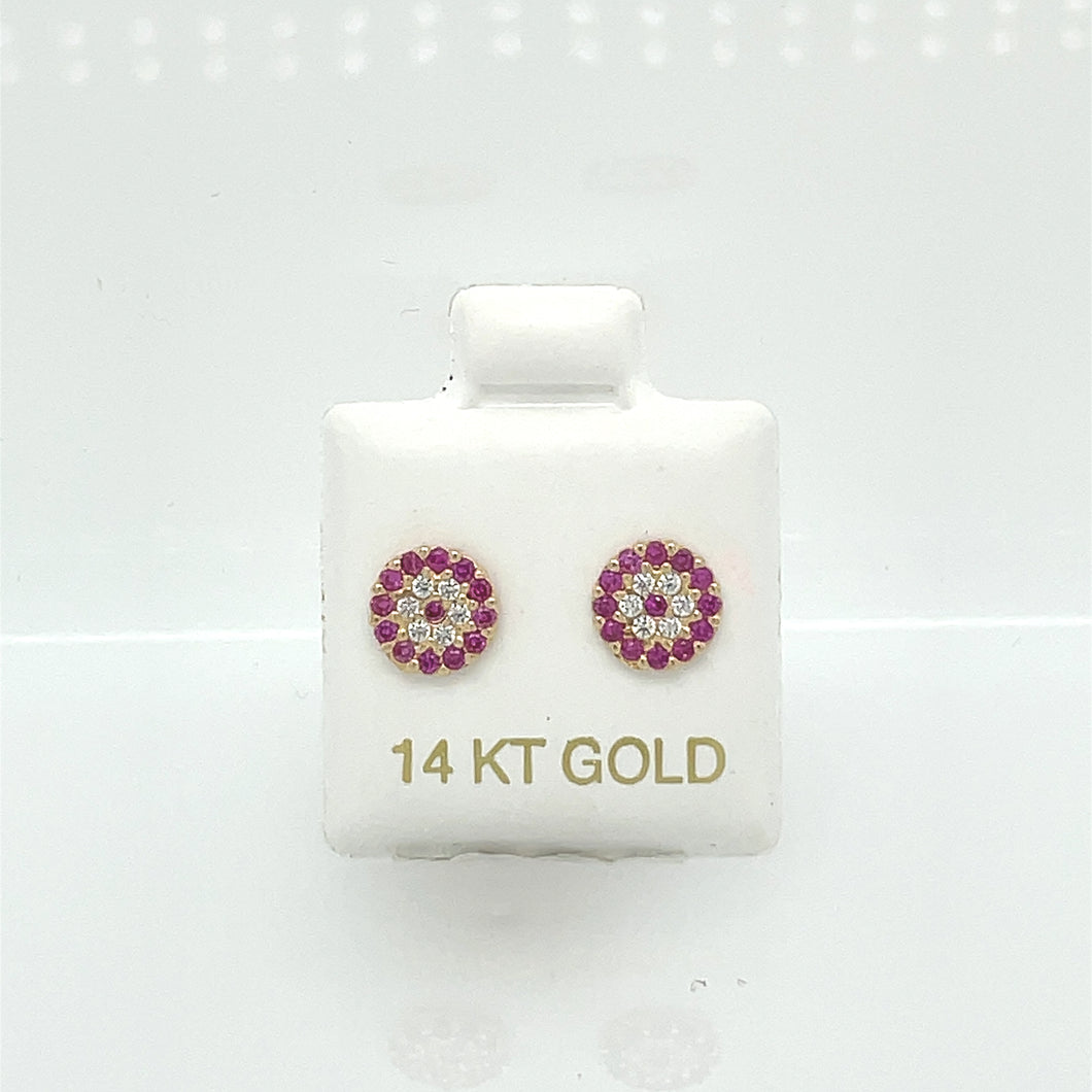 14k Flower Pink and Clear Cz Earrings Studs