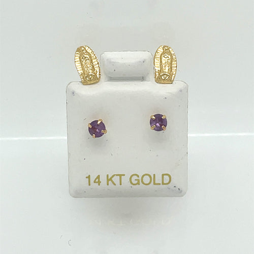 14k Telephone Our Lady of Guadalupe Purple Cz Earrings Studs