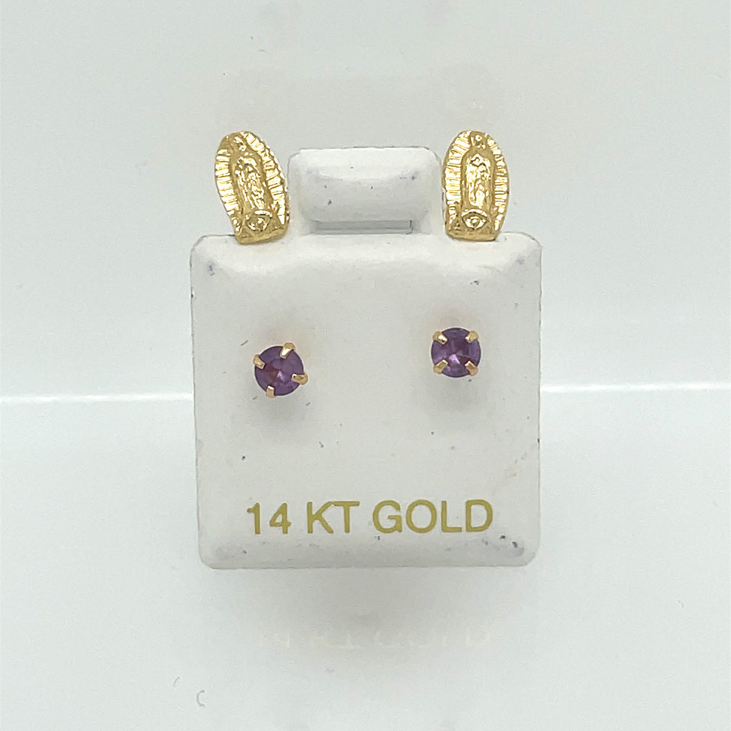 14k Telephone Our Lady of Guadalupe Purple Cz Earrings Studs