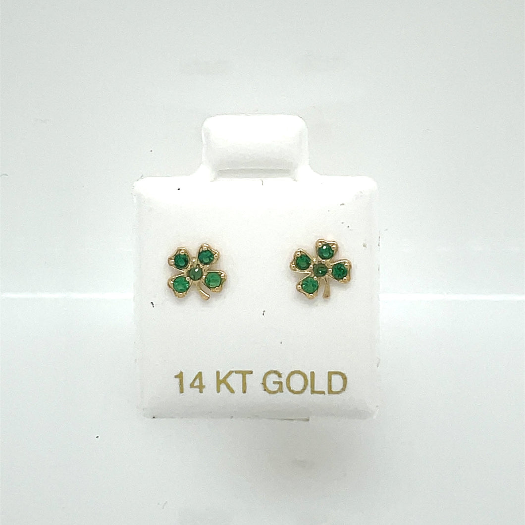 14k Clover Green Cz Earrings Studs