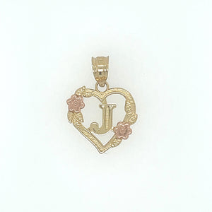 14K Gold Letter J Heart Flower Pendant