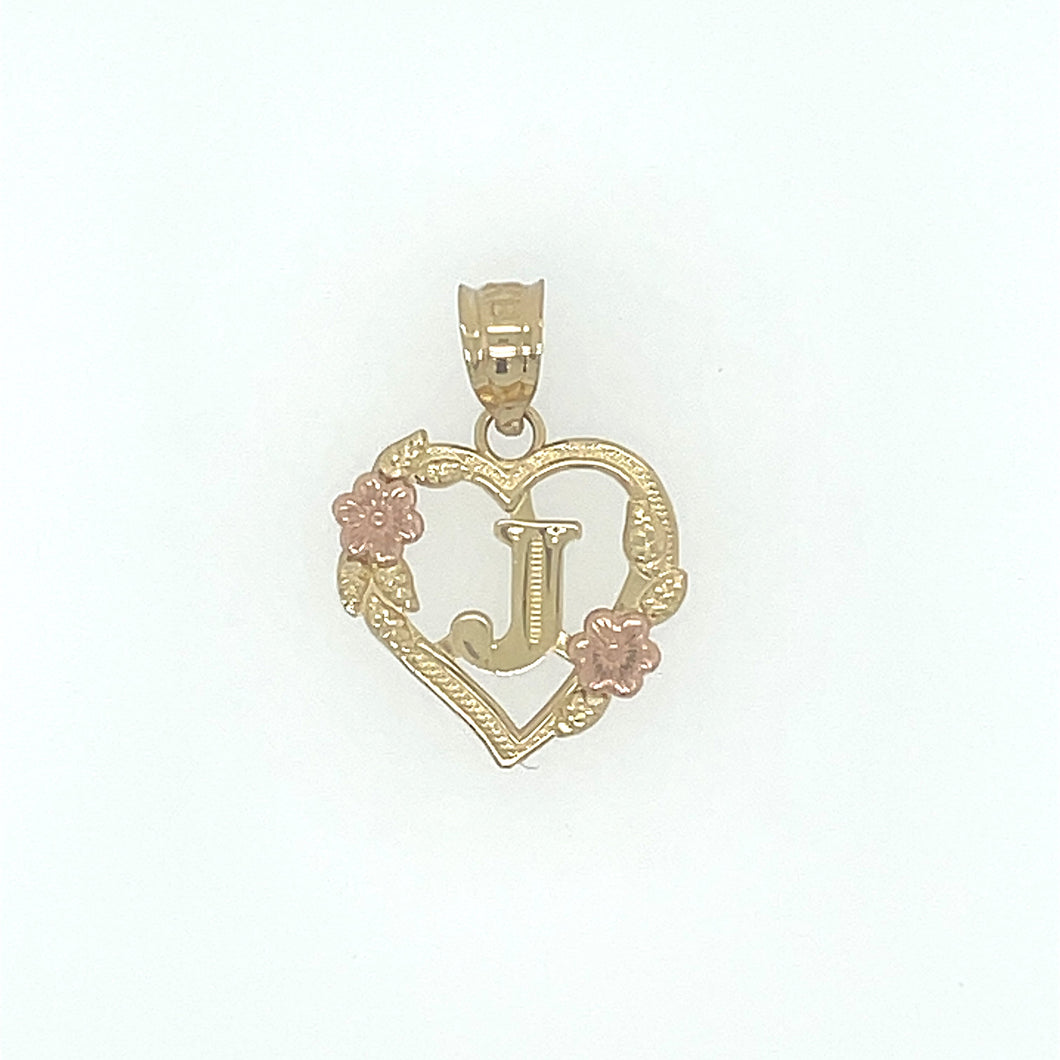 14K Gold Letter J Heart Flower Pendant
