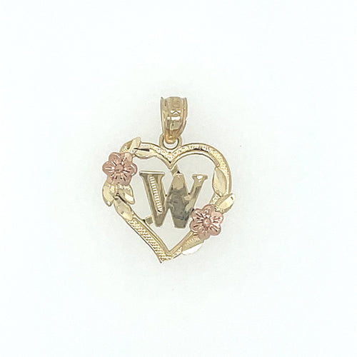 10K Gold Letter W Heart Flower Pendant