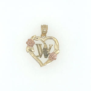 10K Gold Letter W Heart Flower Pendant