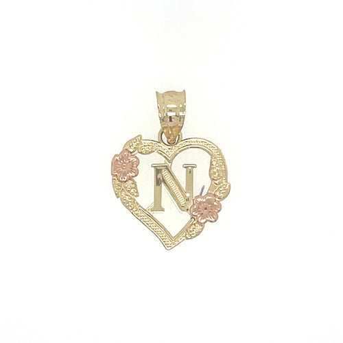 14K Gold Letter N Heart Flower Pendant