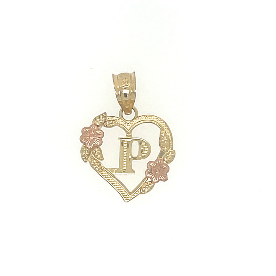 14K Gold Letter P Heart Flower Pendant