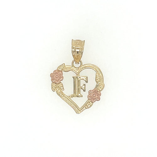 10K Gold Letter F Heart Flower Pendant