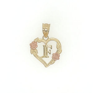 10K Gold Letter F Heart Flower Pendant