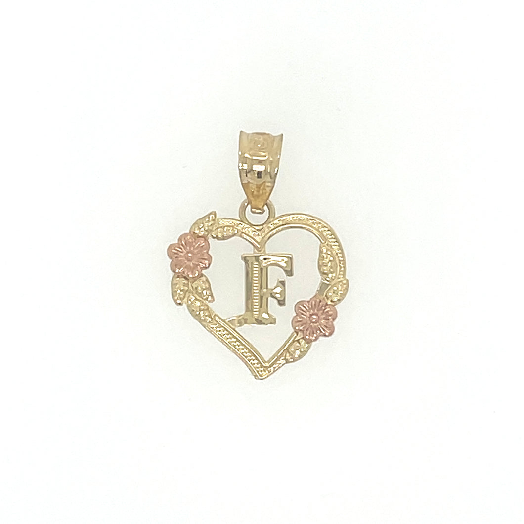10K Gold Letter F Heart Flower Pendant