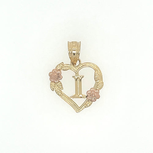 14K Gold Letter I Heart Flower Pendant