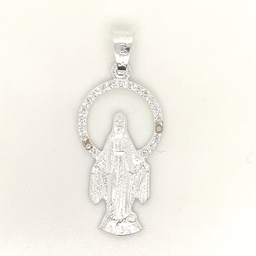 Sterling Silver Pendant Holy Mother Virgin Mary with Cz