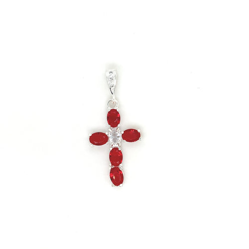 Sterling Silver Pendant Cross with Red Cz