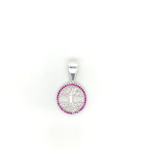 Sterling Silver Pendant Tree of Life with Pink Cz
