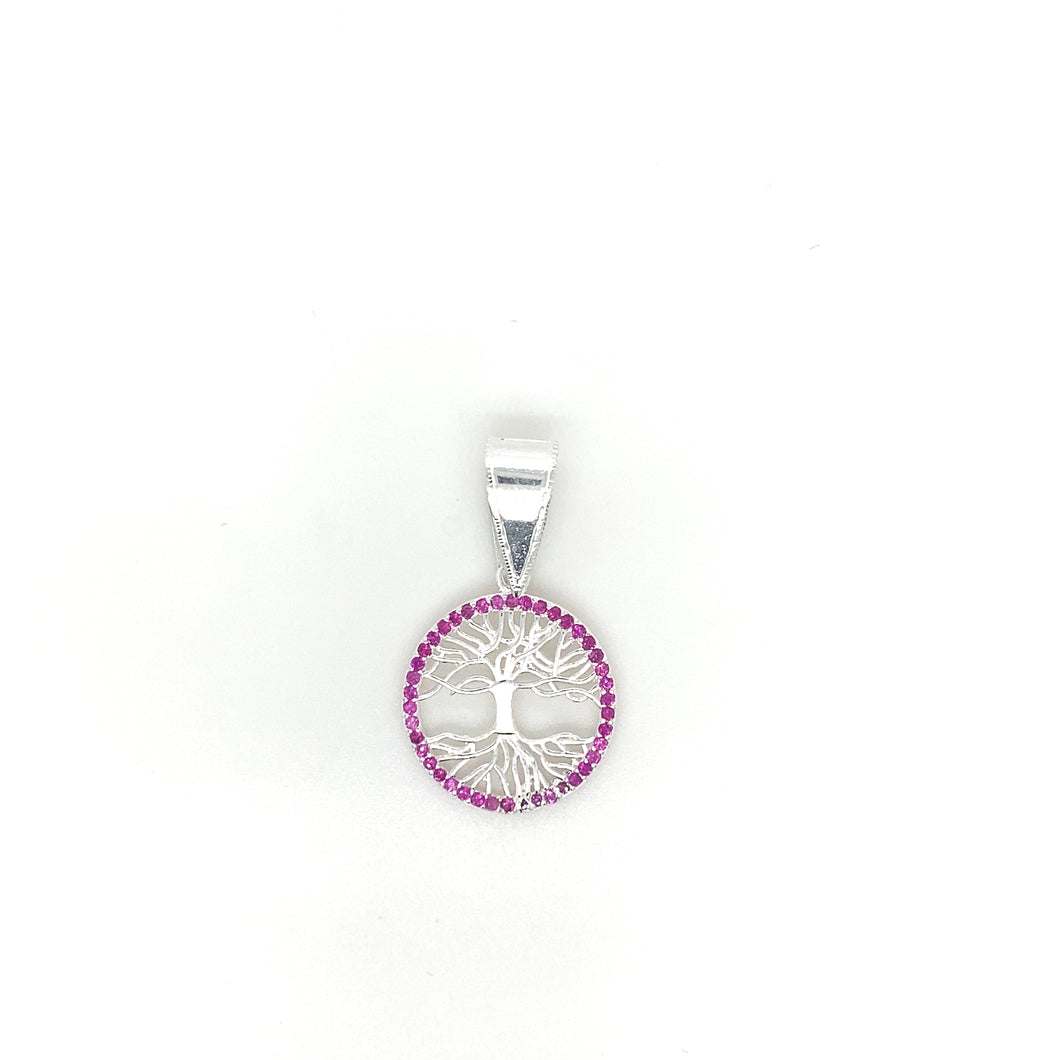 Sterling Silver Pendant Tree of Life with Pink Cz
