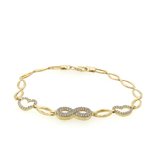10k Gold Infinity with Two Hearts Cz Link Bracelet