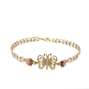 10k Tri Gold Butterfly and Roses Cz Bracelet