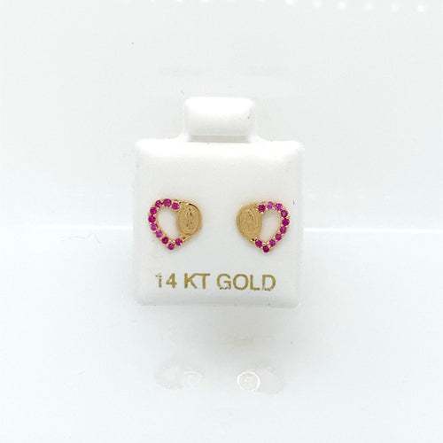 14k Our Lady of Guadalupe Heart Pink Cz Earrings Studs