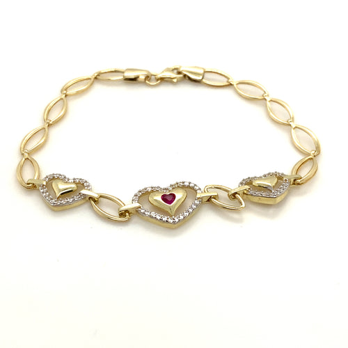 10k Gold Trio Heart Pink Cz Bracelet