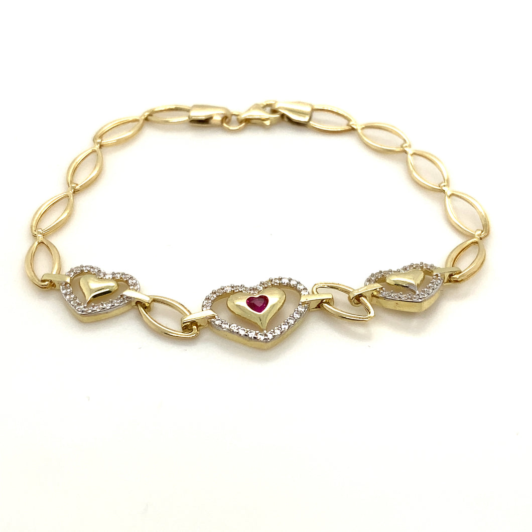 10k Gold Trio Heart Pink Cz Bracelet