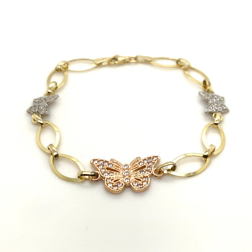 10k Gold Tri Color Butterfly Cz Bracelet