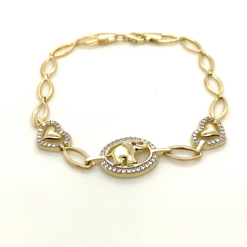 10k Gold Trio Elephant and Heart Pink Cz Bracelet