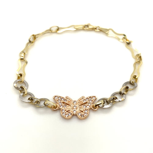 10k Tri Gold Butterfly Cz Bracelet