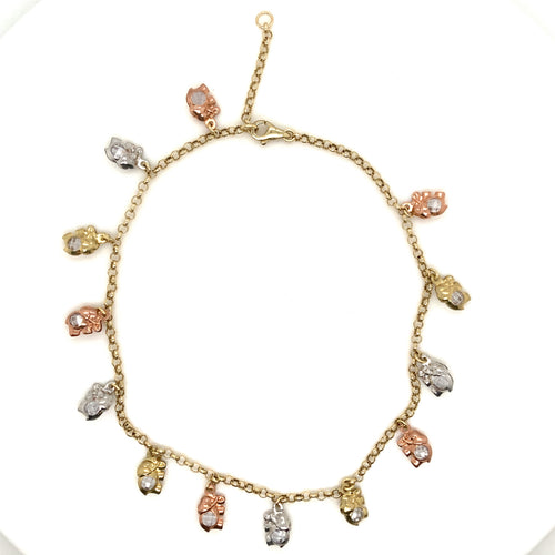 10k Tri Gold Elephant Cz Ankle Bracelet