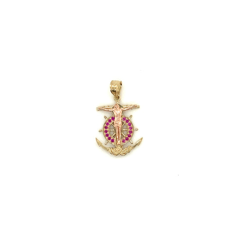 14k Gold Anchor Christ Pink Cz Pendant