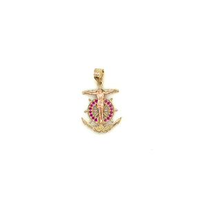14k Gold Anchor Christ Pink Cz Pendant