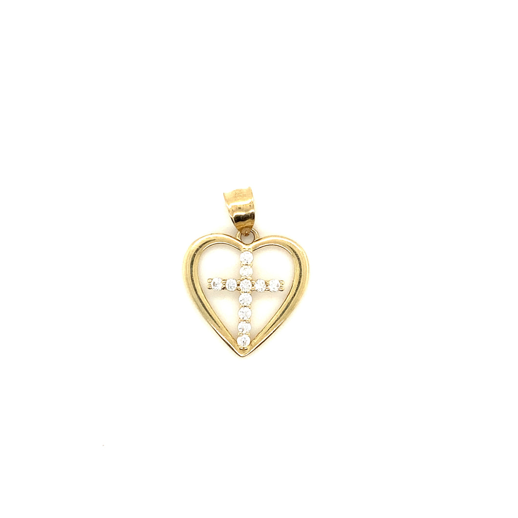 14k Gold Cross Heart Cz Pendant