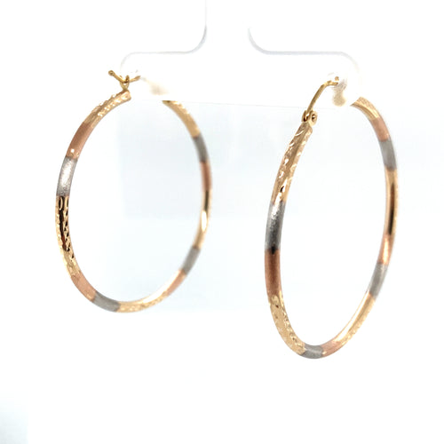 10k Tri Tone Gold Diamond Cut Hoop Earrings