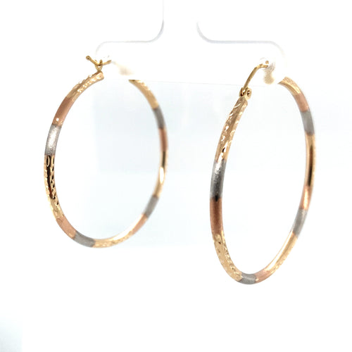 10k Tri Tone Gold Diamond Cut Hoop Earrings