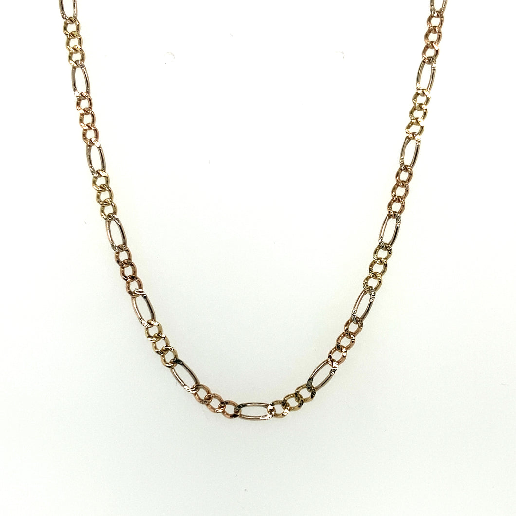 14k Tri Gold Figaro Link Diamond Cut Chain