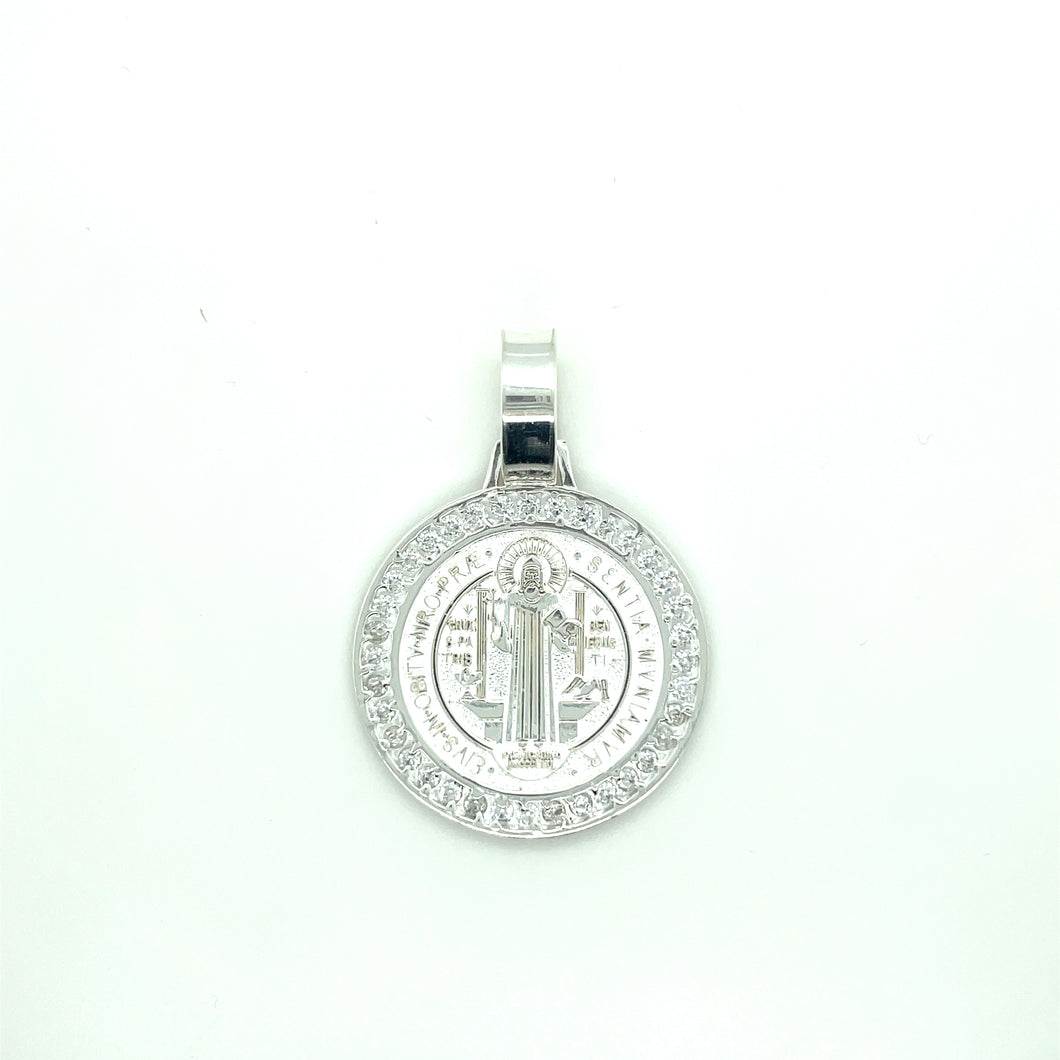 Sterling Silver Saint Benedict Coin Cz Pendant