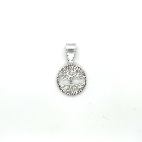 Sterling Silver Pendant Tree of Life with Pink Cz