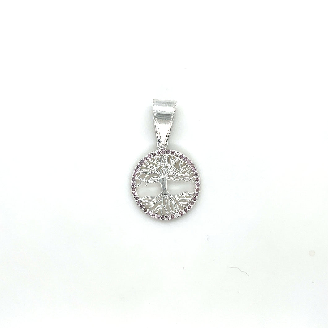 Sterling Silver Pendant Tree of Life with Pink Cz