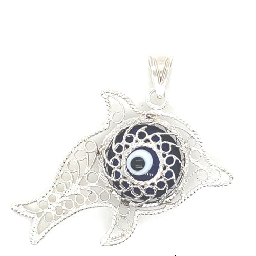 Sterling Silver Blue Evil Eye Dolphin Pendant