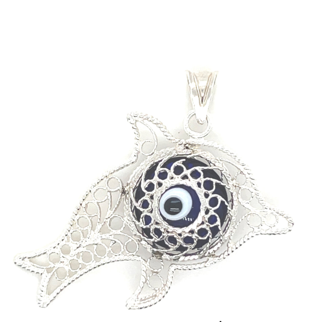Sterling Silver Blue Evil Eye Dolphin Pendant