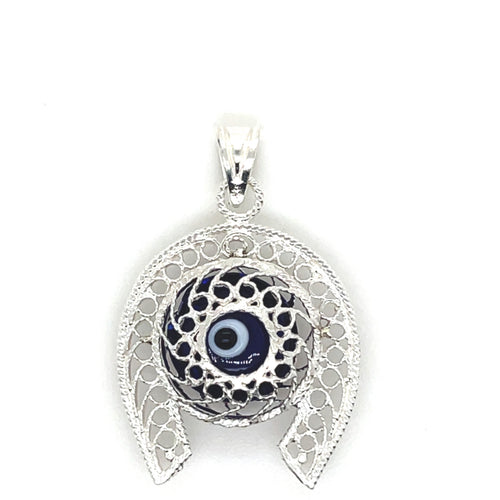 Sterling Silver Blue Evil Eye Horseshoe Pendant