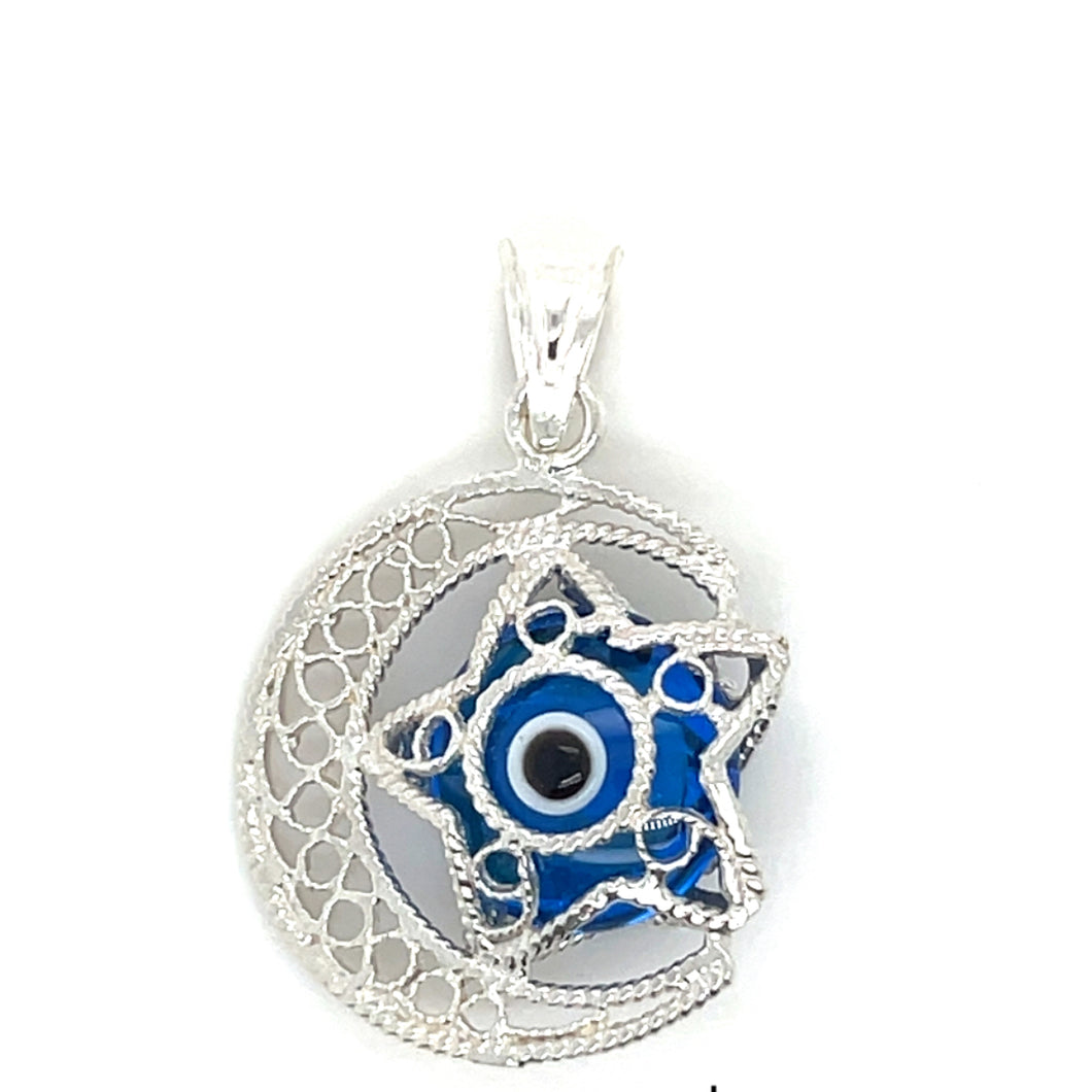 Sterling Silver Blue Evil Eye Star and Moon Pendant