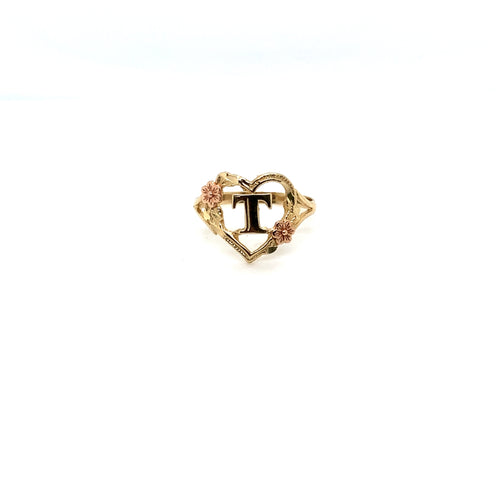 14K Gold Heart Letter T Ring