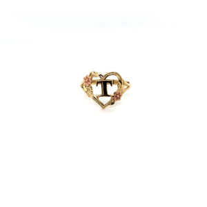 14K Gold Heart Letter T Ring
