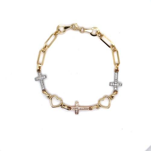 14k Tri Gold Cross Staple Bracelet
