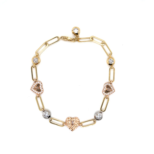 14k Tri Gold Heart Lock Staple Bracelet